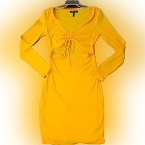 BCBG Paris Body Con Cut Out Midi Dress Mustard Yellow Size Medium Long Sleeve